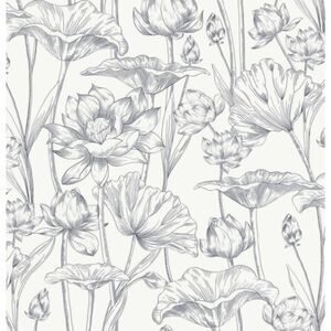 Timeet Grey & White Floral Lotus Peel & Stick Wallpaper 16" x 78.7"